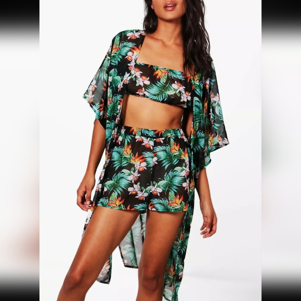 Boohoo Women's NWT Green Skye Tropical Floral Side Slit Long Kimono Size 12 - Picture 3 of 7